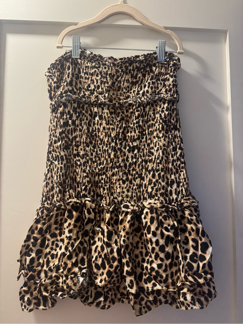 American Eagle Strapless Smocked Ruffle Leopard Mini Dress (Discontinued)